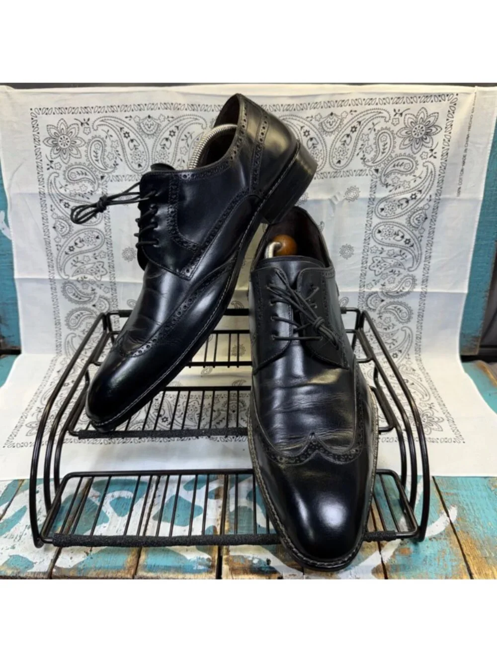 Mezlan Brogue Wing Tip Saddle Black Leather Oxford Made in Spain Men's 13M EUC